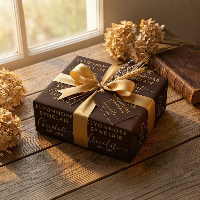 Custom Name Est Date Brown Gold Script Chocolate Geschenkpapier (Von Creator hochgeladen)