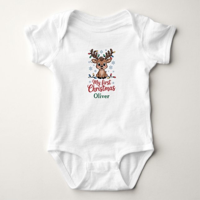 Custom Name First Christmas Reindeer Baby Strampler (Vorderseite)