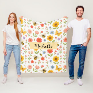 Custom Name Floral Bee Blanket Fleecedecke