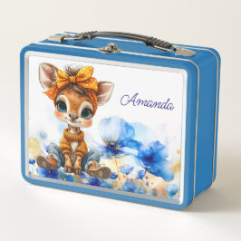 Custom Name Giraffe polka dot bow blue poppies Metall Brotdose