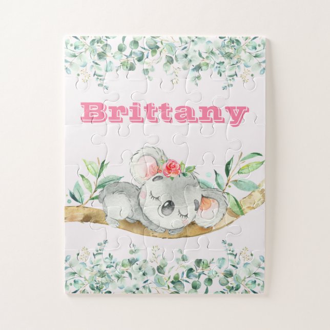 Custom Name Girls Koala Bear Pink & Greenery Puzzle (Vertikal)