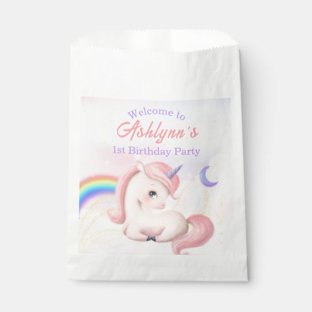 Custom Name Girls Pastel Rainbow Unicorn Geschenktütchen (Vorderseite)
