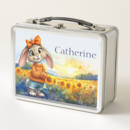 Custom Name Girly rabbit sunflower field Metall Brotdose