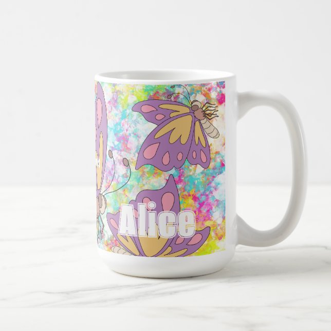 Custom name girly watercolor butterflies Purple Kaffeetasse (Rechts)