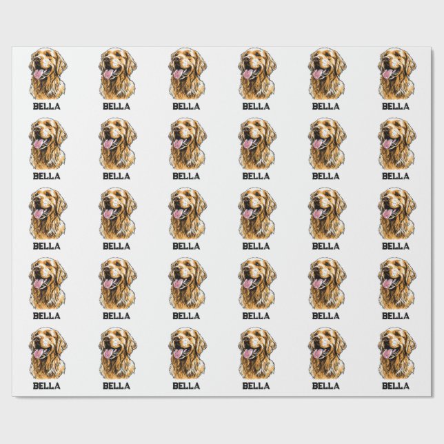 Custom Name Golden Retriever Dog Portrait Funny  Geschenkpapier (Flach)