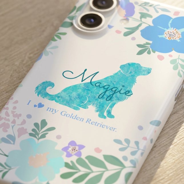 Custom Name Golden Retriever Pastel Blue Floral iPhone 16 Hülle (Von Creator hochgeladen)