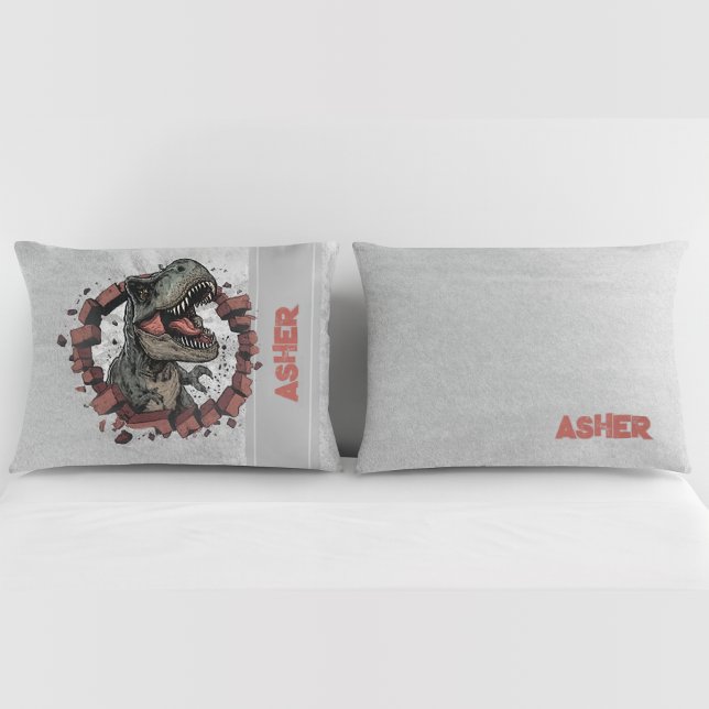 Custom Name Grey Boys Dinosaur Roaring T-Rex Kissenbezug (Von Creator hochgeladen)