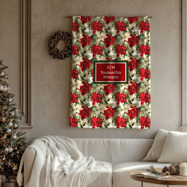 Custom Name Holiday Blanket Chic Poinsettia Style Fleecedecke (Custom Name Holiday Blanket Chic Poinsettia Style)