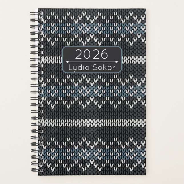 Custom Name Knit Grey and Blue Planner Planer (Vorderseite)