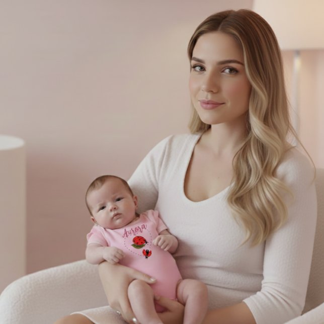 Custom Name Ladybug Pink Baby Bodysuit Baby Strampler (personalized-ladybug-baby-girl-bodysuit)