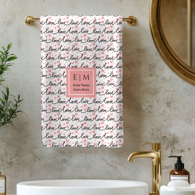 Custom Name Love Text Bath Towel Valentine Gift Badhandtuch Set (Personalized Valentine Bath Towel Pink Black Hearts)