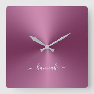 Custom Name Magenta Metallic Style Acrylic Quadratische Wanduhr