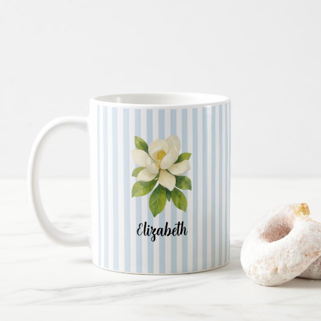 Custom Name Magnolia Painting Nautical Stripe  Kaffeetasse (Mit Donut)