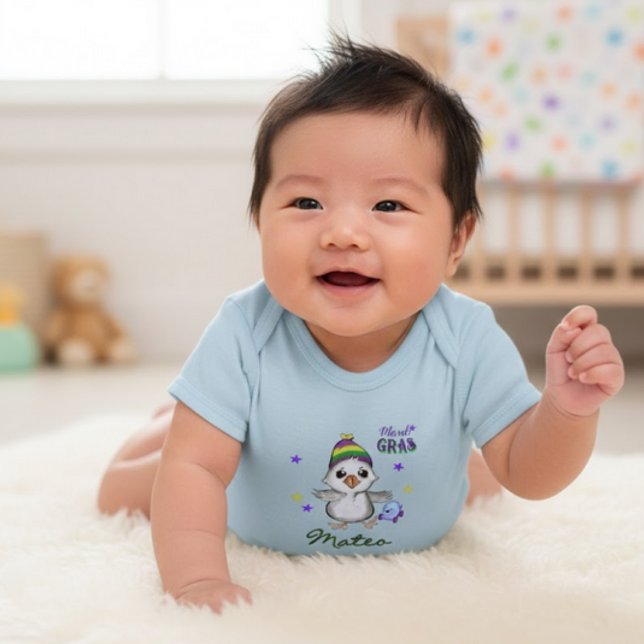 Custom Name Mardi Gras Boy Goose Carnival Baby Strampler (Custom Name Mardi Gras Boy Goose Carnival Baby Bodysuit)