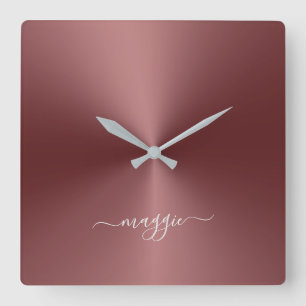 Custom Name Maroon Metallic Style Acrylic Quadratische Wanduhr