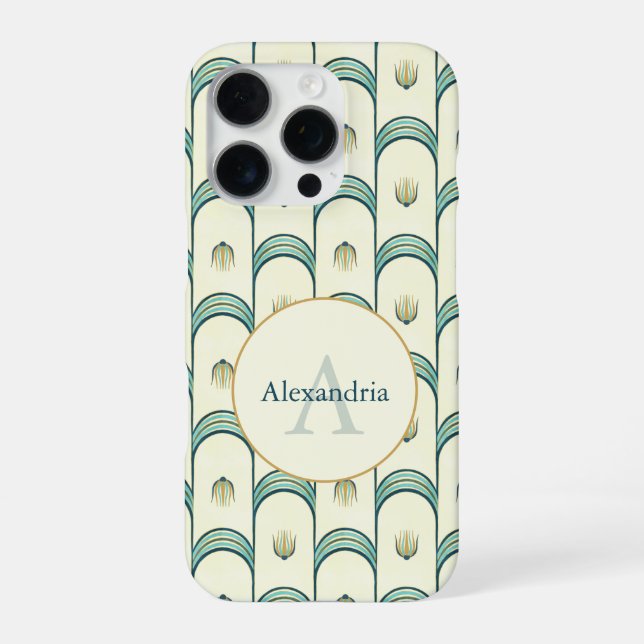 Custom Name & Monogram Art Deco Teal & Gold iPhone Hülle (Rückseite)