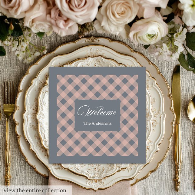 Custom Name Napkins Coral Grey Plaid Elegant Serviette (Custom Name Napkins Coral Grey Plaid Elegant)