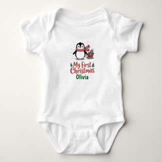 Custom Name Penguin First Christmas Design Baby Strampler