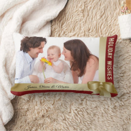Custom Name & Photo Holiday Red, Gold Bow Lendenkissen