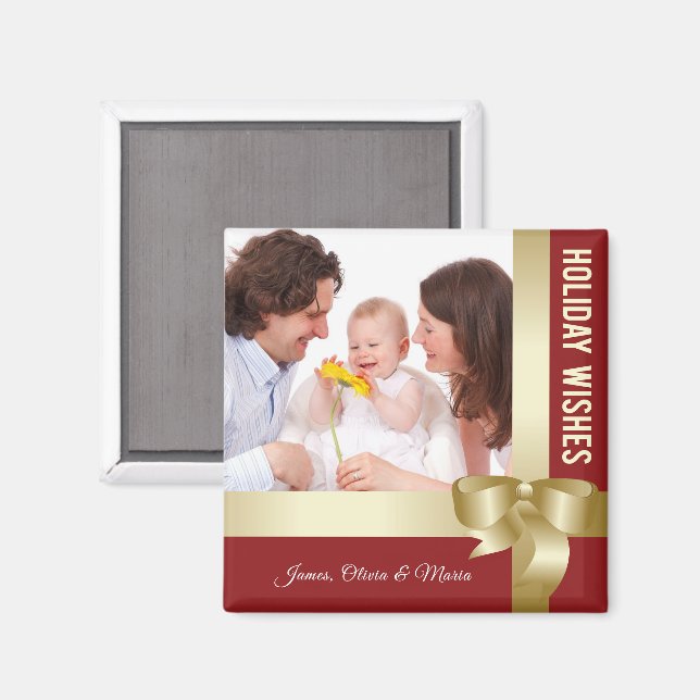 Custom Name & Photo Holiday Red, Gold Bow Magnet (Vorderseite/Rückseite)