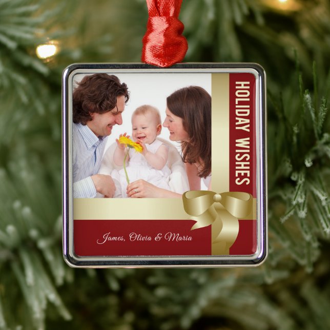 Custom Name & Photo Holiday Red, Gold Bow Ornament Aus Metall (Baum)