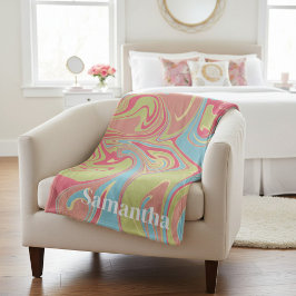 Custom Name Pink and Green Marble Fleece Blanket