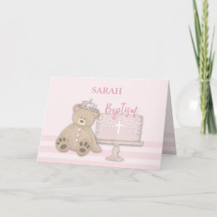 Custom Name Pink Baptism Cake Teddy Bear and Tiara Karte