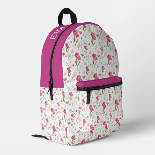 Custom Name Pink Purple Watercolor Wildflower  Bedruckter Rucksack (Rückseitige Ecke links)