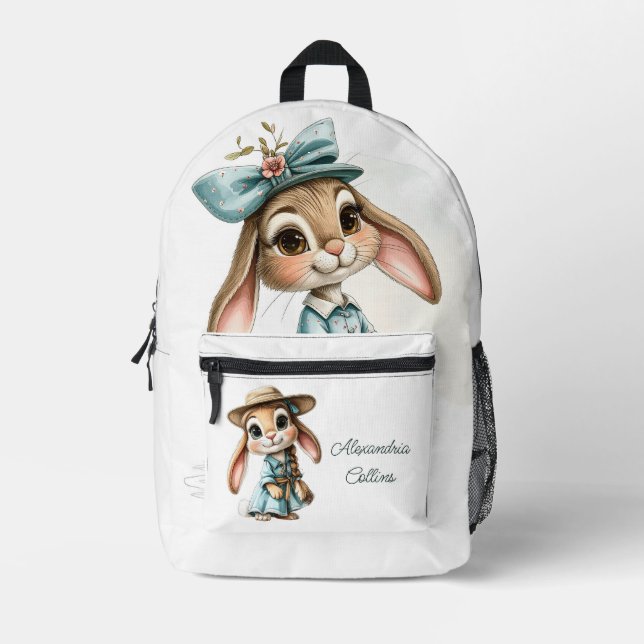 Custom Name Rabbit in a blue dress Bedruckter Rucksack (Vorderseite)