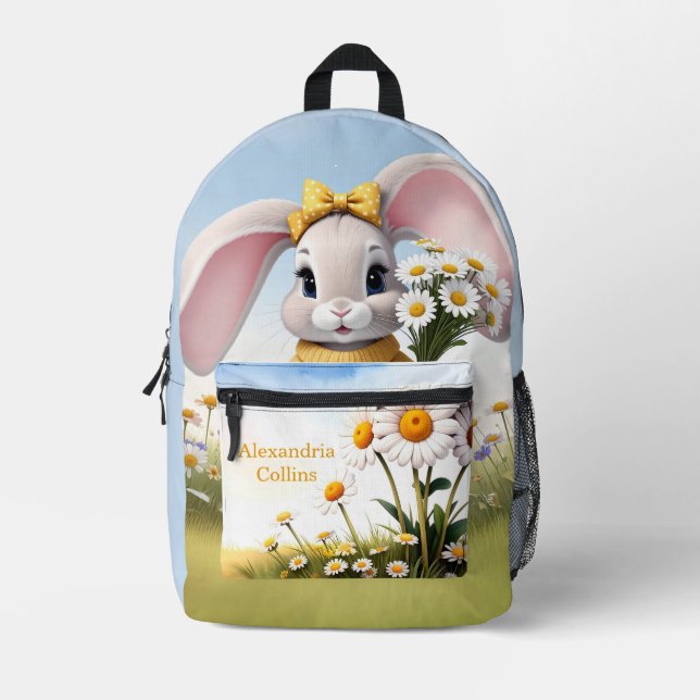 Custom Name Rabbit with white daisies Bedruckter Rucksack (Vorderseite)