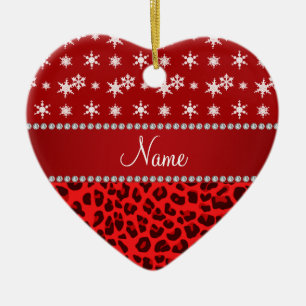 Custom name red leopard red snowflakes red stripe keramikornament