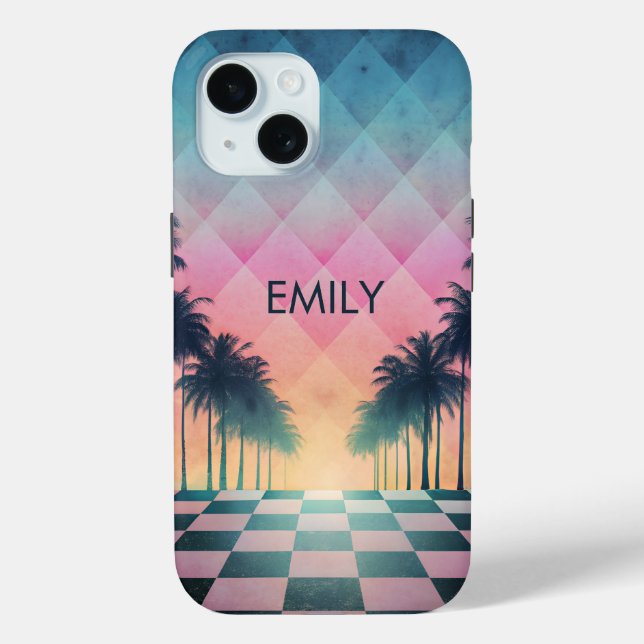 Custom Name Retro Synthwave Sunset Palm Trees Case-Mate iPhone Hülle (Rückseite)