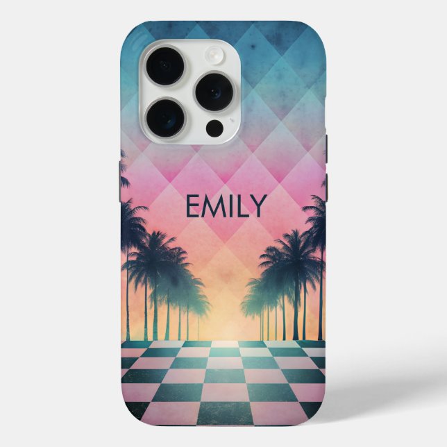 Custom Name Retro Synthwave Sunset Palm Trees Case-Mate iPhone Hülle (Rückseite)