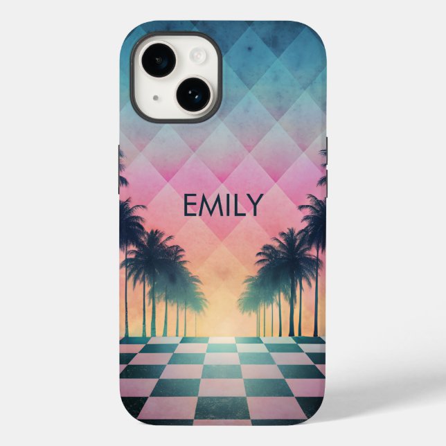 Custom Name Retro Synthwave Sunset Palm Trees Case-Mate iPhone Hülle (Rückseite)
