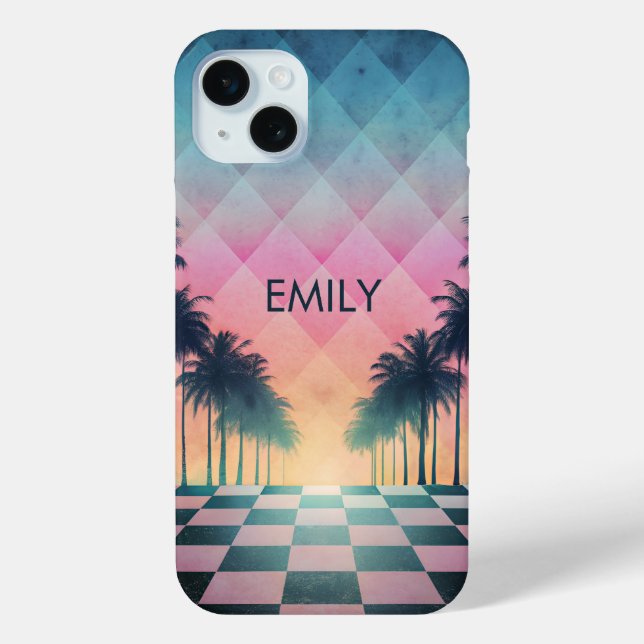 Custom Name Retro Synthwave Sunset Palm Trees Case-Mate iPhone Hülle (Rückseite)