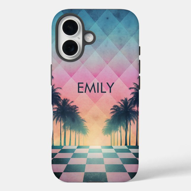 Custom Name Retro Synthwave Sunset Palm Trees Case-Mate iPhone Hülle (Rückseite)
