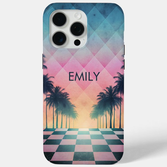 Custom Name Retro Synthwave Sunset Palm Trees Case-Mate iPhone Hülle (Rückseite)