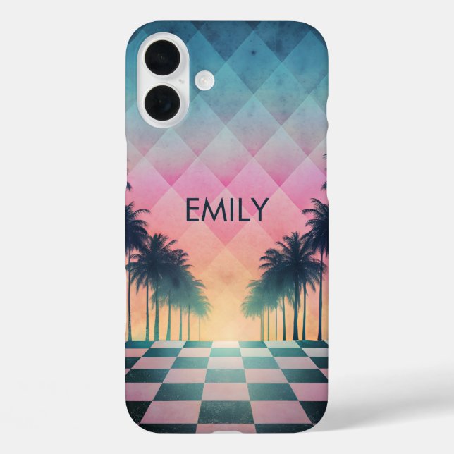 Custom Name Retro Synthwave Sunset Palm Trees Case-Mate iPhone Hülle (Rückseite)