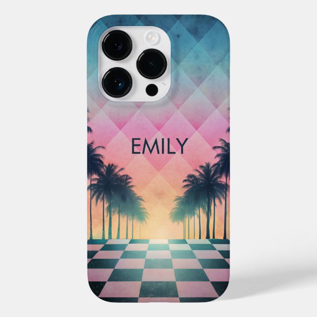 Custom Name Retro Synthwave Sunset Palm Trees Case-Mate iPhone Hülle (Rückseite)