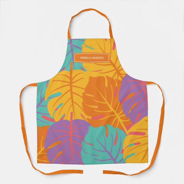 Custom Name Retro Tropical Leaf Pattern Summer Schürze (Vorderseite)