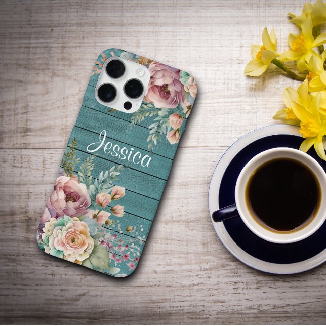 Custom Name Rustic Teal Wood Floral Personalized iPhone Hülle (Von Creator hochgeladen)