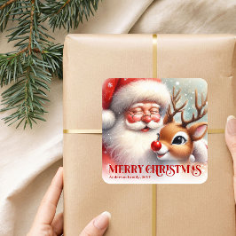 Custom Name Santa Rudolph Adorable Christmas Kids Quadratischer Aufkleber