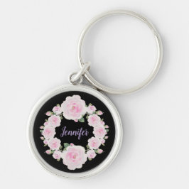 Custom Name, Soft Pink Roses Wreath Metal Keychain Schlüsselanhänger