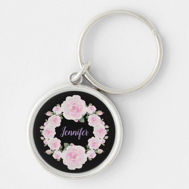 Custom Name, Soft Pink Roses Wreath Metal Keychain Schlüsselanhänger (Vorne)