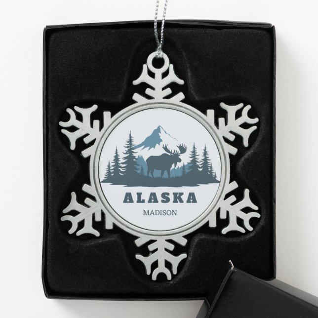 Custom Name & Text ALASKA Schneeflocken Zinn-Ornament (Box)
