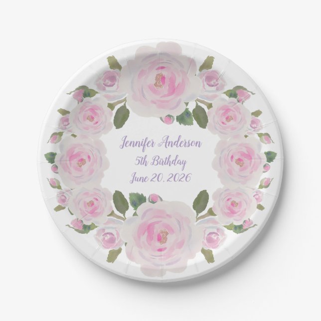 Custom Name, Text, Pink Roses Paper Plate Party Pappteller (Vorderseite)