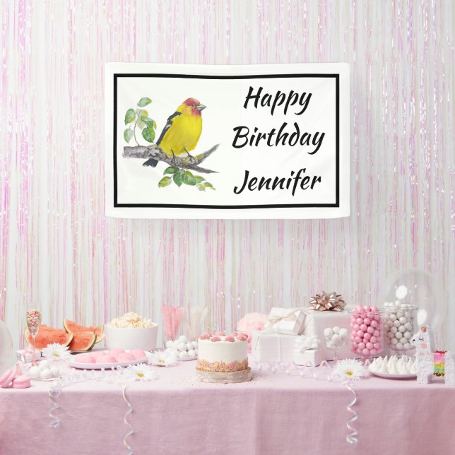 Custom Name Text Watercolor Scarlet Tanager Bird Banner (Party)