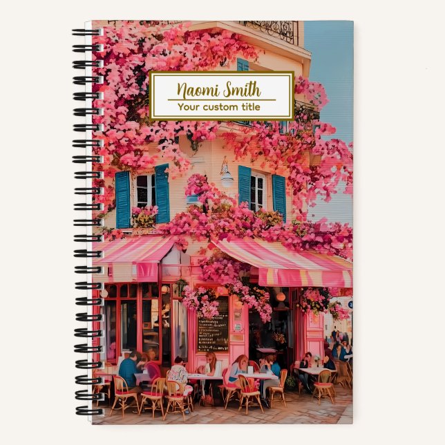 Custom Name/title Notebook – Pink Flower Café  Notizbuch (Vorderseite)