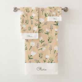 Custom Name Towels – White Floral on Vanilla Badhandtuch Set