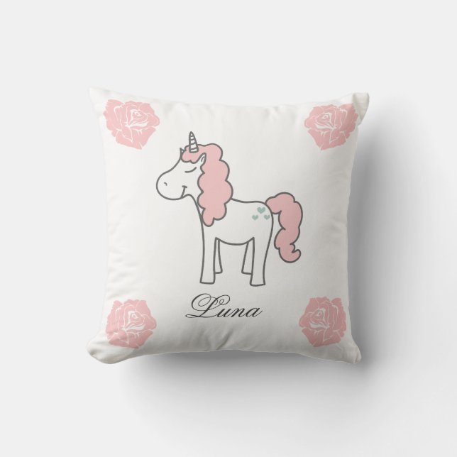 Custom Name Unicorn Rose Floral Cute Pink  Kissen (Vorderseite)